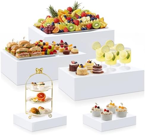 5 Pcs Buffet Risers Acrylic Large White Rectangle Display in 7.2 to 16" in White