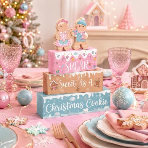 5 Pcs Christmas Gingerbread Table Decoration Pastel Wood Decor, alternate view 4