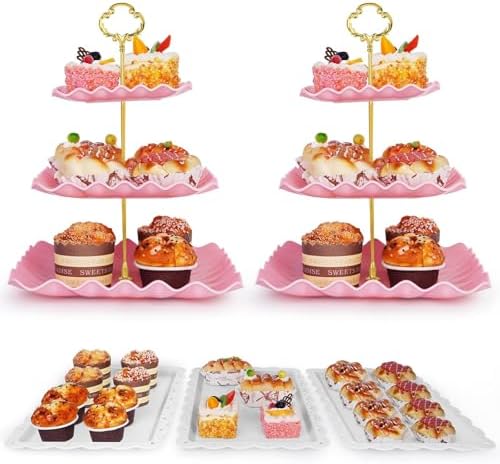 5 Pcs Dessert Display Stands, 2pcs Dessert Stands 3 Pcs Tray, Pink Dessert Display Stands, Treat Table Displays