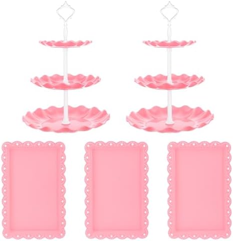 5 Pcs Dessert Stand Set, 2X Small 3 Tiers White Plastic Cupcake Stand Holder & 3X Rectangle Party Serving