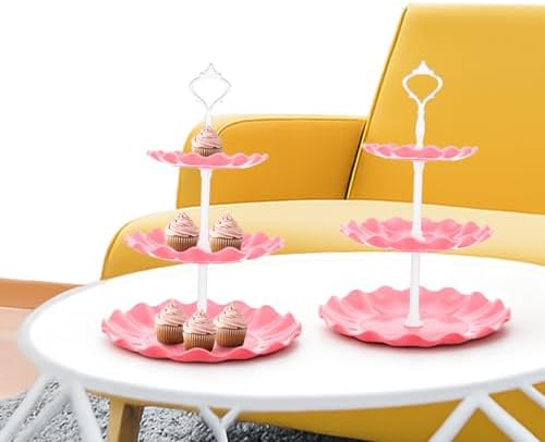 5 Pcs Dessert Stand Set, 2X Small 3 Tiers White Plastic Cupcake Stand Holder & 3X Rectangle Party Serving, alternate view 2