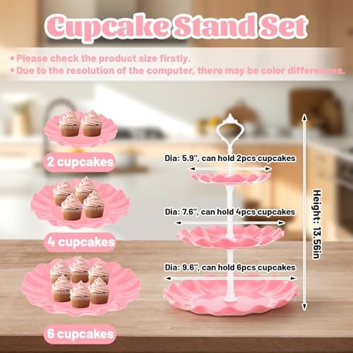 5 Pcs Dessert Stand Set, 2X Small 3 Tiers White Plastic Cupcake Stand Holder & 3X Rectangle Party Serving, alternate view 4
