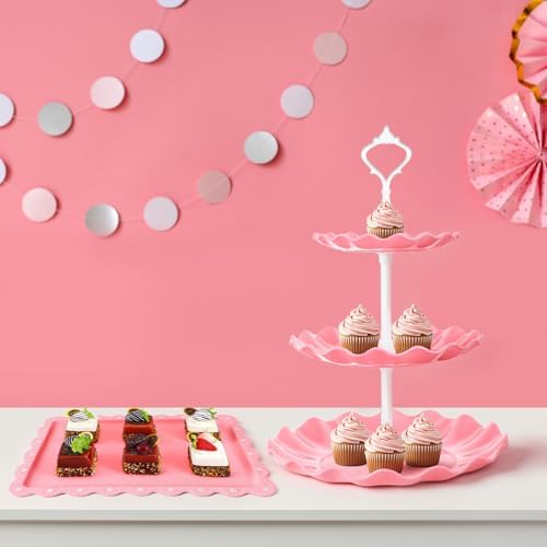 5 Pcs Dessert Stand Set, 2X Small 3 Tiers White Plastic Cupcake Stand Holder & 3X Rectangle Party Serving, alternate view 5