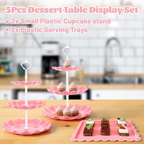 5 Pcs Dessert Stand Set, 2X Small 3 Tiers White Plastic Cupcake Stand Holder & 3X Rectangle Party Serving, alternate view 6
