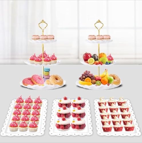5 Pcs Dessert Table Display Set- 3 Tier Cupcake Stand & Serving Tray in White