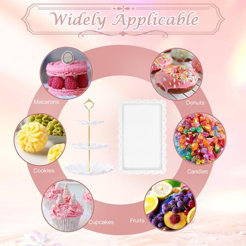 5 Pcs Dessert Table Display Set- 3 Tier Cupcake Stand & Serving Tray in White, alternate view 6