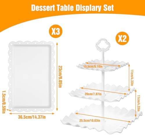 5 Pcs Dessert Table Display Set, Cupcake Stand, 5-Piece White Plastic Party Tray Set with 3-Tier Display, alternate view 3