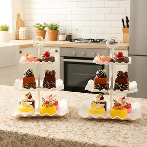 5 Pcs Dessert Table Display Set, Cupcake Stand, 5-Piece White Plastic Party Tray Set with 3-Tier Display, alternate view 5