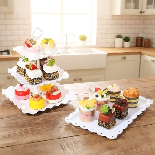 5 Pcs Dessert Table Display Set, Cupcake Stand, 5-Piece White Plastic Party Tray Set with 3-Tier Display, alternate view 6