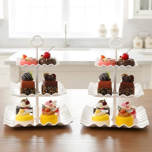5 Pcs Dessert Table Display Set, Cupcake Stand, 5-Piece White Plastic Party Tray Set with 3-Tier Display, alternate view 7