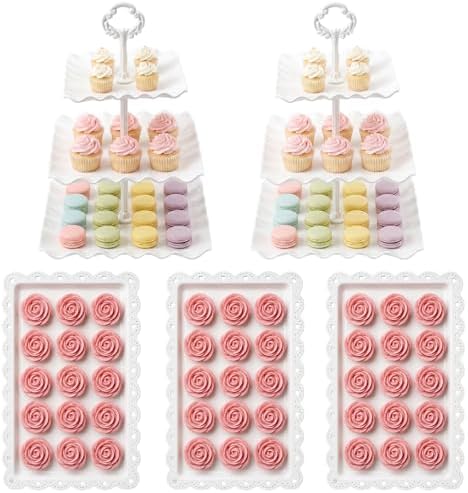 5 Pcs Dessert Table Display Set -Plastic Dessert Table Display Set,2 x Large 3-Tier Cupcake Stands/Cup Cake Tier