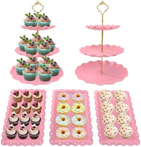 5 Pcs Dessert Table Display Set, Round Cupcake Stand, Pink in Pink Round