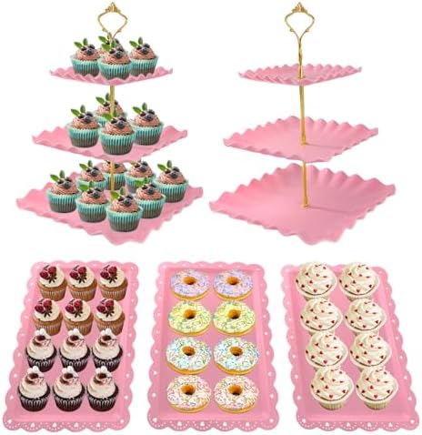 5 Pcs Dessert Table Display Set, Square Cupcake Stand, Pink in Pink Square