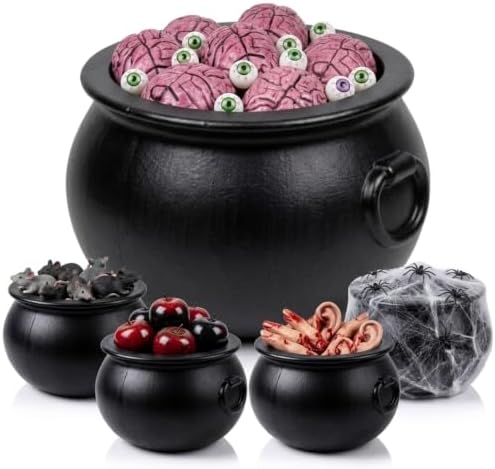 5 Pcs Halloween Large Cauldron Multipack Assortment (1) 22in and (4) 10in Trick or Treat Blow Mold Black Plastic