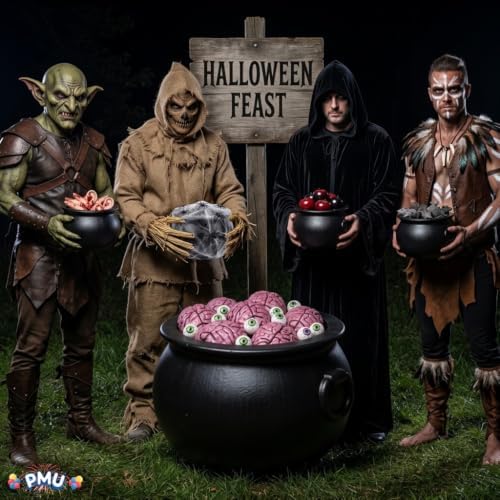 5 Pcs Halloween Large Cauldron Multipack Assortment (1) 22in and (4) 10in Trick or Treat Blow Mold Black Plastic, alternate