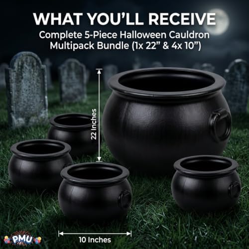 5 Pcs Halloween Large Cauldron Multipack Assortment (1) 22in and (4) 10in Trick or Treat Blow Mold Black Plastic, alternate