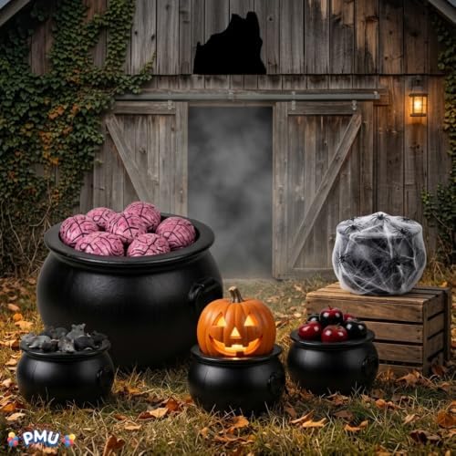 5 Pcs Halloween Large Cauldron Multipack Assortment (1) 22in and (4) 10in Trick or Treat Blow Mold Black Plastic, alternate