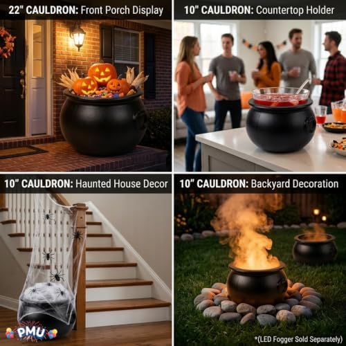 5 Pcs Halloween Large Cauldron Multipack Assortment (1) 22in and (4) 10in Trick or Treat Blow Mold Black Plastic, alternate