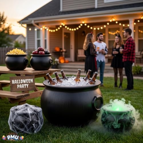 5 Pcs Halloween Large Cauldron Multipack Assortment (1) 22in and (4) 10in Trick or Treat Blow Mold Black Plastic, alternate