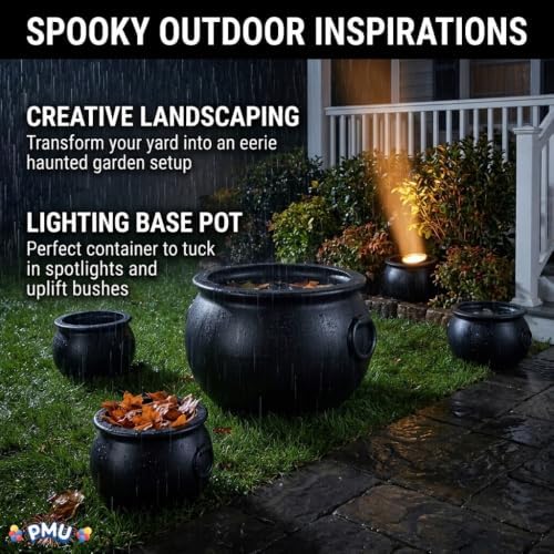 5 Pcs Halloween Large Cauldron Multipack Assortment (1) 22in and (4) 10in Trick or Treat Blow Mold Black Plastic, alternate