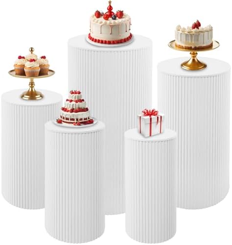 5 Pcs Metal Pleated Cylinder Pedestal Stands for Party, Heavy Duty White Round Cake Pedestal Stand Flower Plant