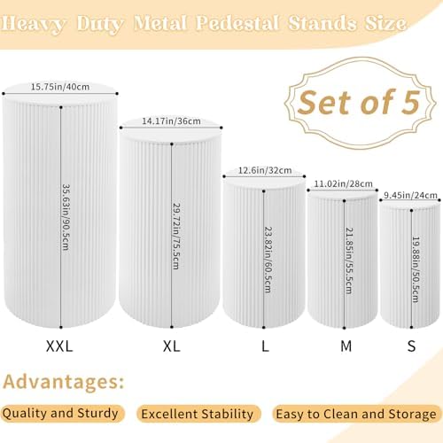 5 Pcs Metal Pleated Cylinder Pedestal Stands for Party, Heavy Duty White Round Cake Pedestal Stand Flower Plant, alternate