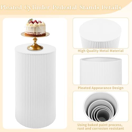 5 Pcs Metal Pleated Cylinder Pedestal Stands for Party, Heavy Duty White Round Cake Pedestal Stand Flower Plant, alternate
