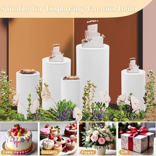 5 Pcs Metal Pleated Cylinder Pedestal Stands for Party, Heavy Duty White Round Cake Pedestal Stand Flower Plant, alternate