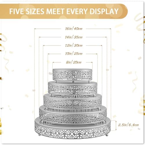 5 Pcs Metal Silver Cake Stand,16/14/12/10/8 in Round Cake Holder in Silver, alternate view 3