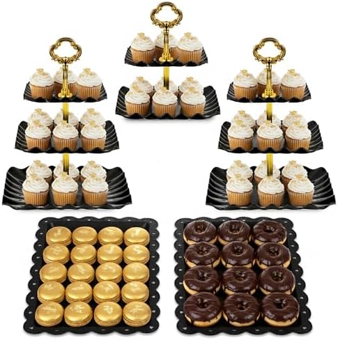 5-Piece Cupcake Stand & Appetizer Trays Set (Square, Black) in Black