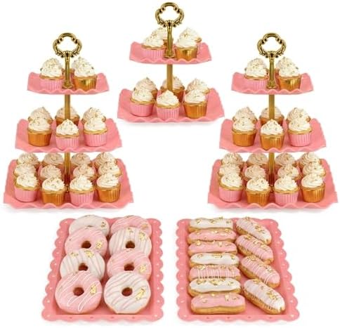 5-Piece Cupcake Stand & Appetizer Trays Set (Square, Pink) in Pink