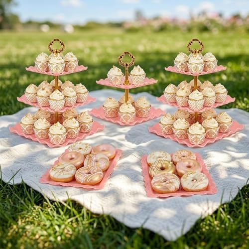5-Piece Cupcake Stand & Appetizer Trays Set (Square, Pink) in Pink, alternate view 6