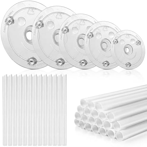 5 Pieces Cake Separator Plates Stands with 24 Pieces Plastic Cake Dowels Rods and 15 Pieces Clear Cake Sticks