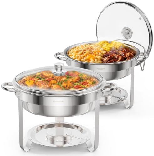 5 Qt 2 Pack Chafing Dishes for Buffet, Stainless Steel Round Chafers for Catering, Buffet Servers and Warmers