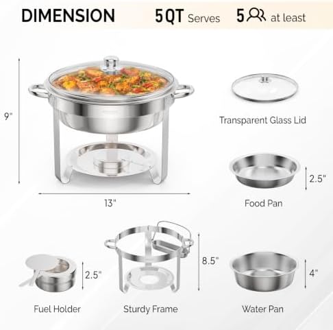 5 Qt 4 Pack Chafing Dishes for Buffet, Stainless Steel Round Chafers for Catering, Buffet Servers and Warmers, alternate view