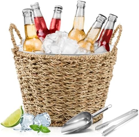 5 Quart Ice Bucket with Wicker Outer Basket, Scoop Tong and Handle