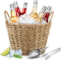 5 Quart Ice Bucket with Wicker Outer Basket, Scoop Tong and Handle