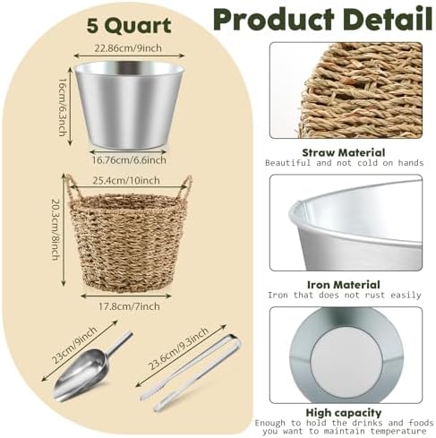 5 Quart Ice Bucket with Wicker Outer Basket, Scoop Tong and Handle, alternate view 2