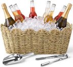 5 Quart Ice Bucket with Wicker Outer Basket, Scoop, Tong and Handle