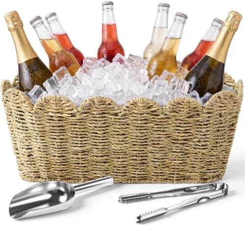 5 Quart Ice Bucket with Wicker Outer Basket, Scoop, Tong and Handle