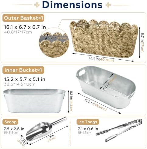 5 Quart Ice Bucket with Wicker Outer Basket, Scoop, Tong and Handle, alternate view 2