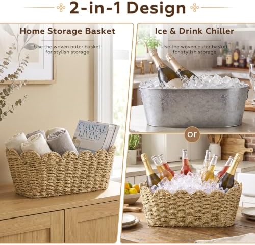 5 Quart Ice Bucket with Wicker Outer Basket, Scoop, Tong and Handle, alternate view 4