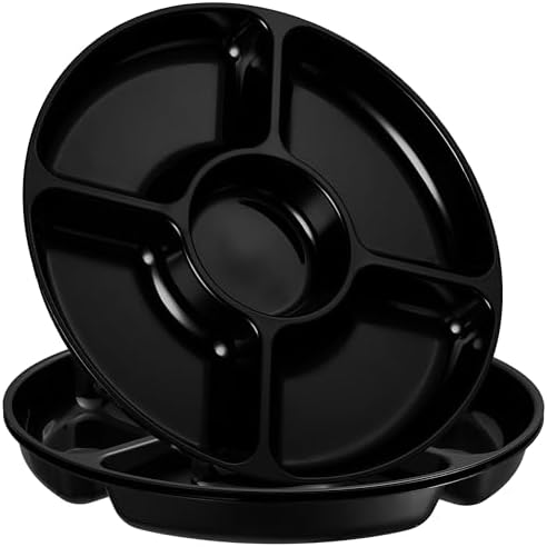 5 Sectional Round Plastic Heavy duty Serving Tray/Platters Black Pack of 2 in 12 inches in Black
