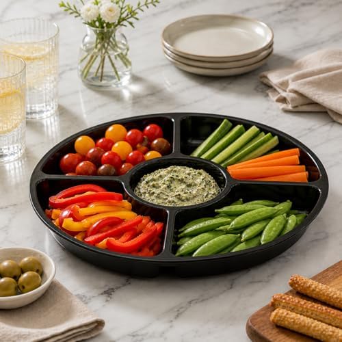5 Sectional Round Plastic Heavy duty Serving Tray/Platters Black Pack of 2 in 12 inches in Black, alternate view 2