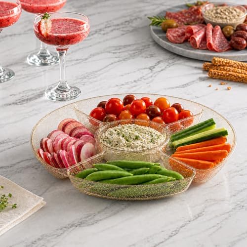 5 Sectional Round Plastic Heavy duty Serving Tray/Platters Gold Glitter Pack of 4 in 12 inches in GOLD GLITTER, alternate