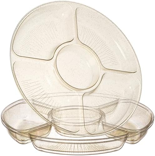 5 Sectional Round Plastic Heavy duty Serving Tray/Platters Gold Glitter Pack of 2 in 12 inches in GOLD GLITTER