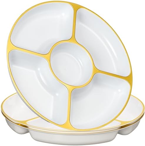 5 Sectional Round Plastic Heavy duty Serving Tray/Platters White With Gold Rim Pack of 4 in 12 inches in WHITE