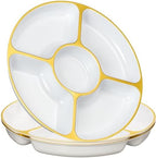 5 Sectional Round Plastic Heavy duty Serving Tray/Platters White With Gold Rim Pack of 4 in 12 inches in WHITE
