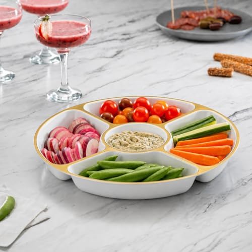 5 Sectional Round Plastic Heavy duty Serving Tray/Platters White With Gold Rim Pack of 4 in 12 inches in WHITE, alternate