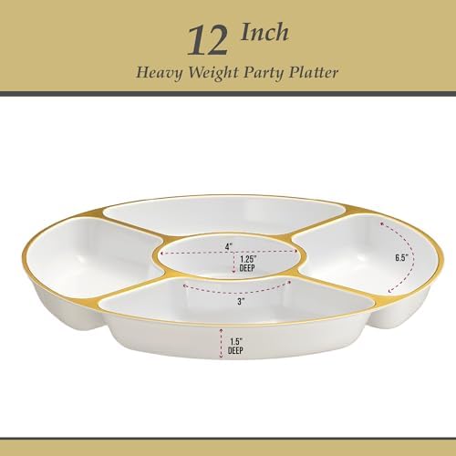 5 Sectional Round Plastic Heavy duty Serving Tray/Platters White With Gold Rim Pack of 4 in 12 inches in WHITE, alternate